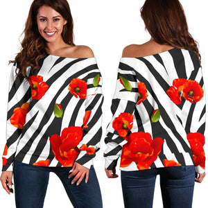 Black White Zebra Flower Pattern Print Off Shoulder Sweatshirt GearFrost