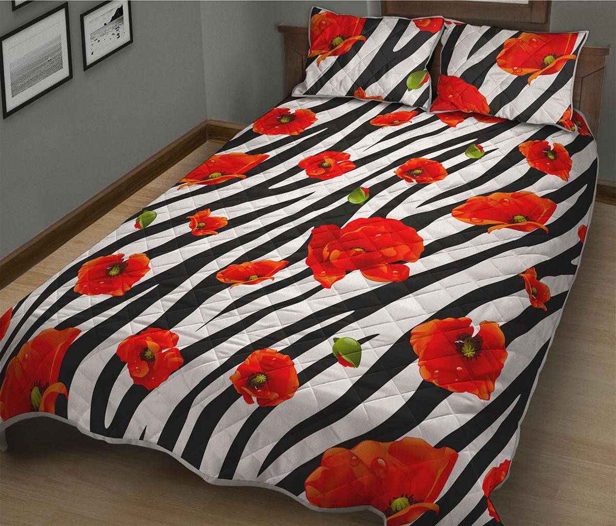 Black White Zebra Flower Pattern Print Quilt Bed Set