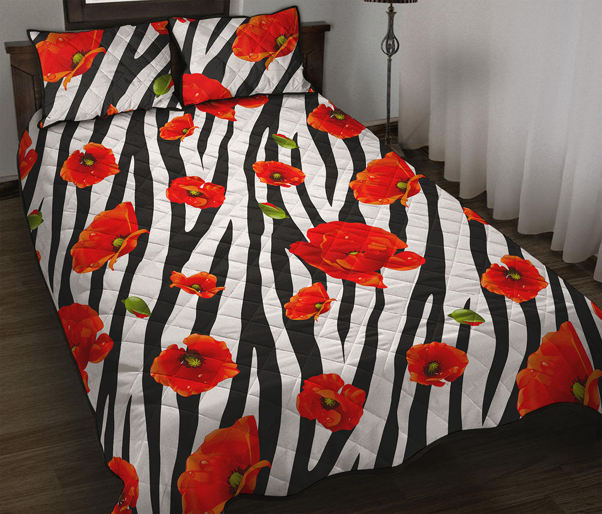 Black White Zebra Flower Pattern Print Quilt Bed Set