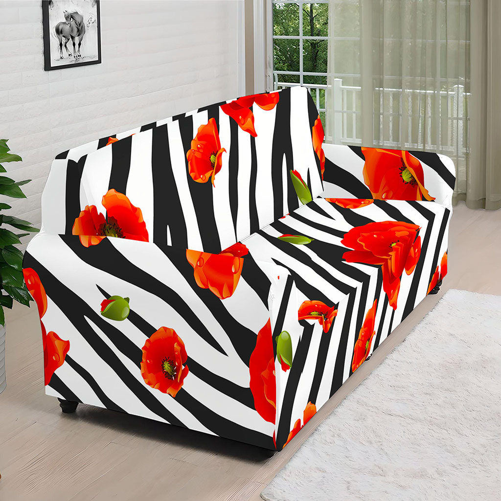 Black White Zebra Flower Pattern Print Sofa Cover