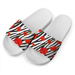 Black White Zebra Flower Pattern Print White Slide Sandals