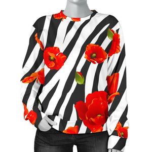 Black White Zebra Flower Pattern Print Women's Crewneck Sweatshirt GearFrost