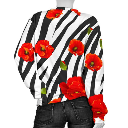 Black White Zebra Flower Pattern Print Women's Crewneck Sweatshirt GearFrost