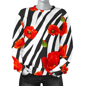 Black White Zebra Flower Pattern Print Women's Crewneck Sweatshirt GearFrost