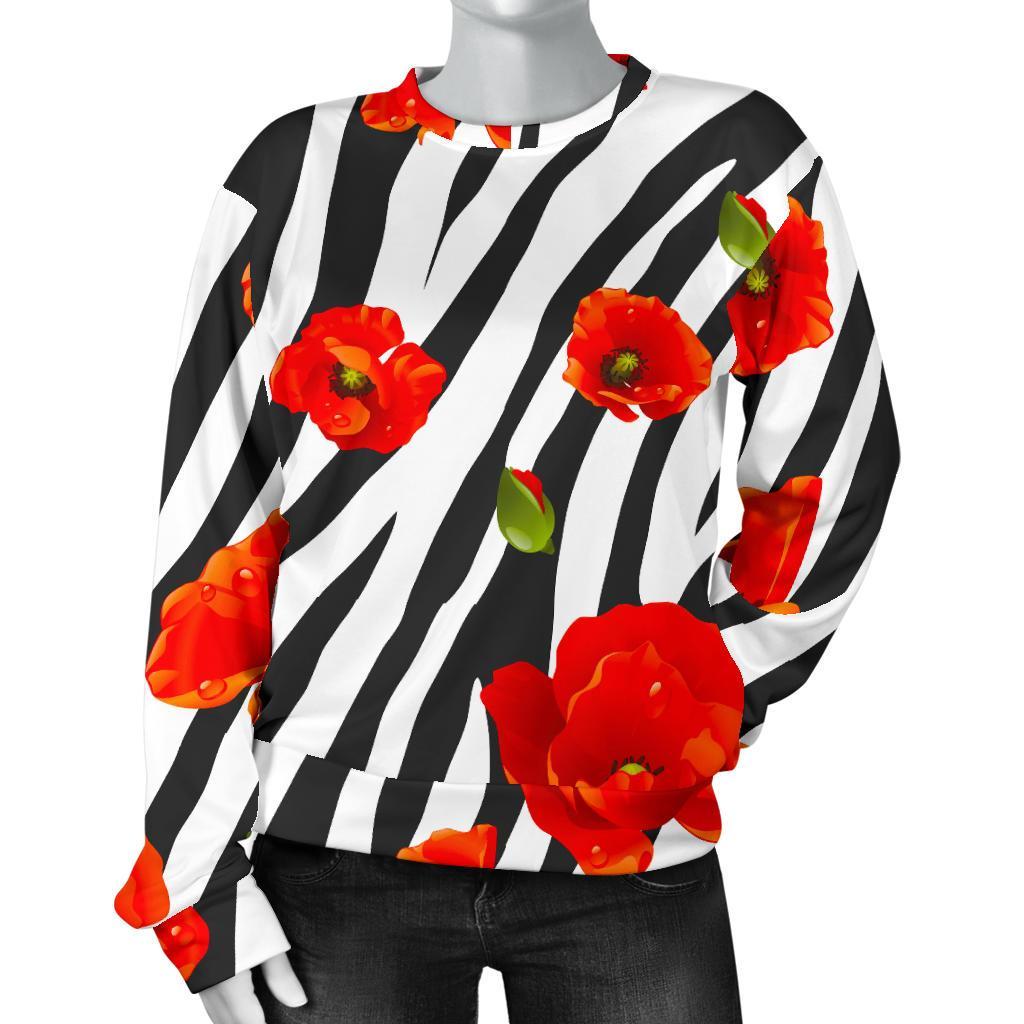 Black White Zebra Flower Pattern Print Women's Crewneck Sweatshirt GearFrost