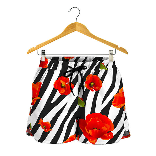 Black White Zebra Flower Pattern Print Women's Shorts