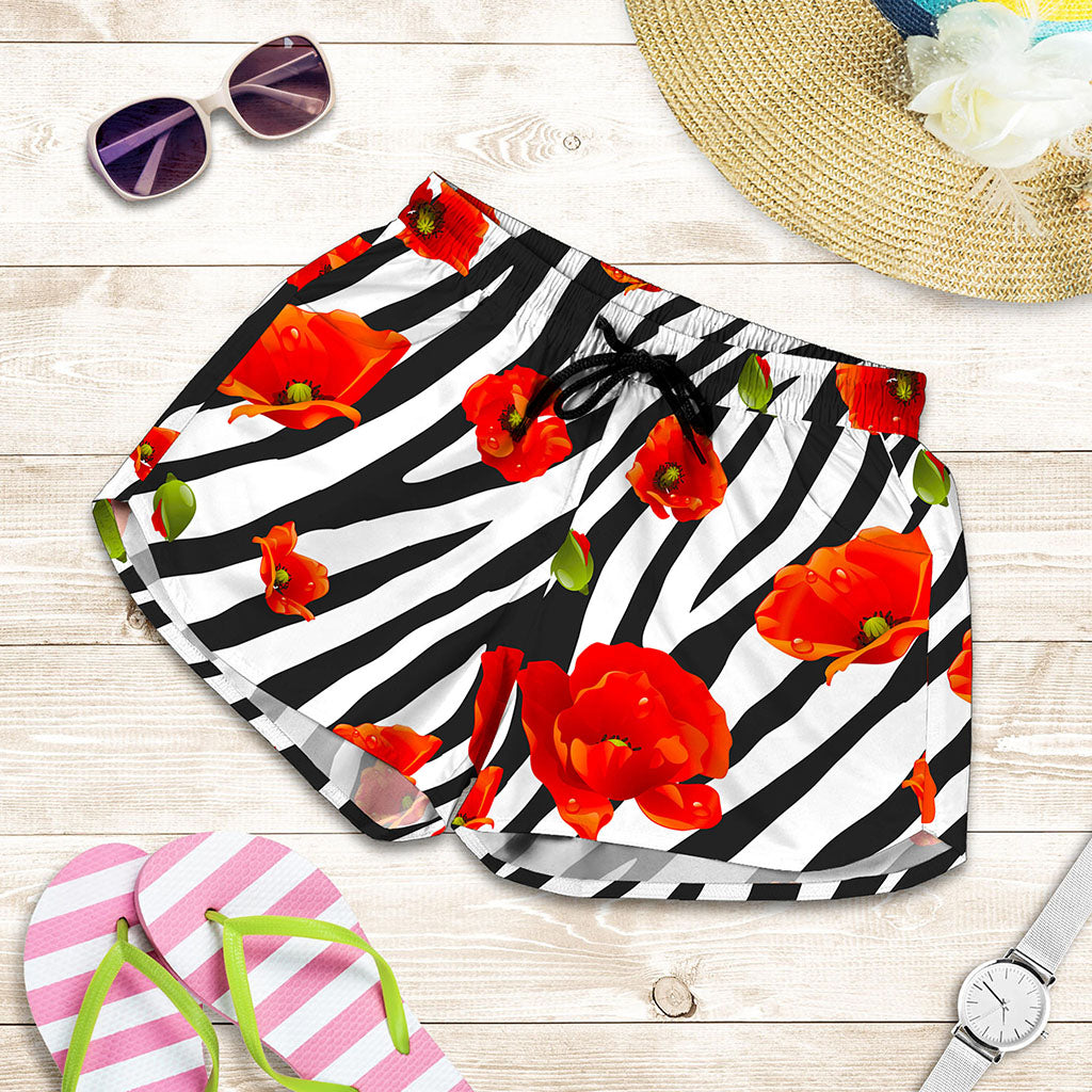 Black White Zebra Flower Pattern Print Women's Shorts