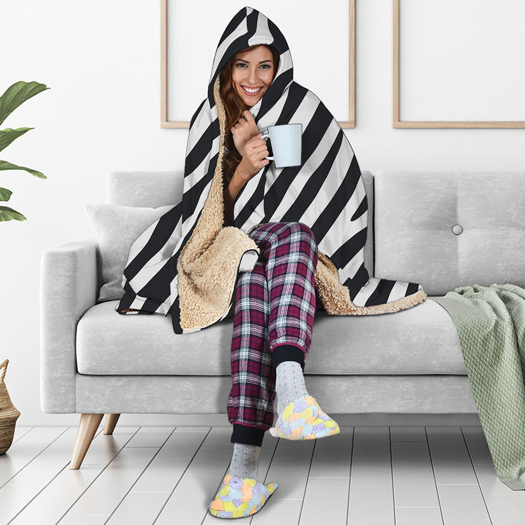 Black White Zebra Pattern Print Hooded Blanket