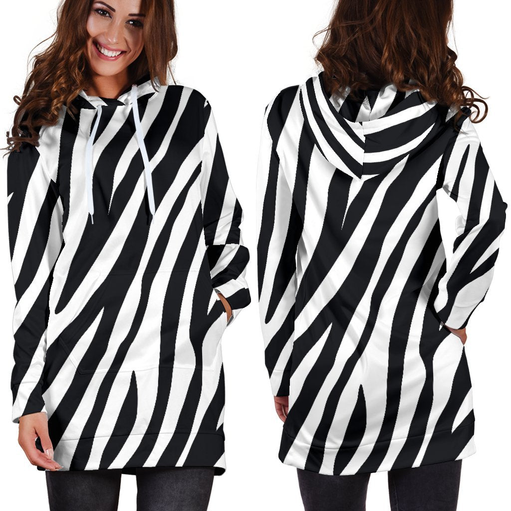 Black White Zebra Pattern Print Hoodie Dress GearFrost