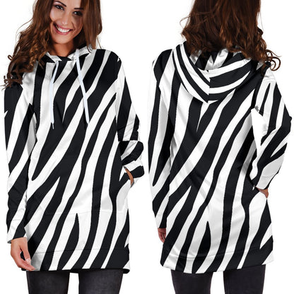 Black White Zebra Pattern Print Hoodie Dress GearFrost