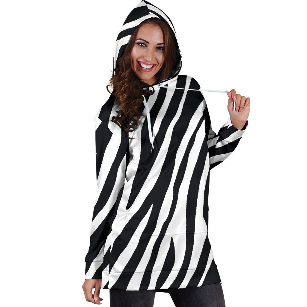 Black White Zebra Pattern Print Hoodie Dress GearFrost