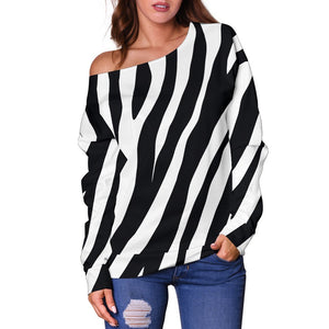 Black White Zebra Pattern Print Off Shoulder Sweatshirt GearFrost