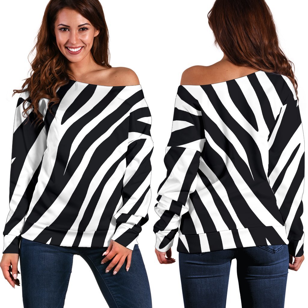 Black White Zebra Pattern Print Off Shoulder Sweatshirt GearFrost