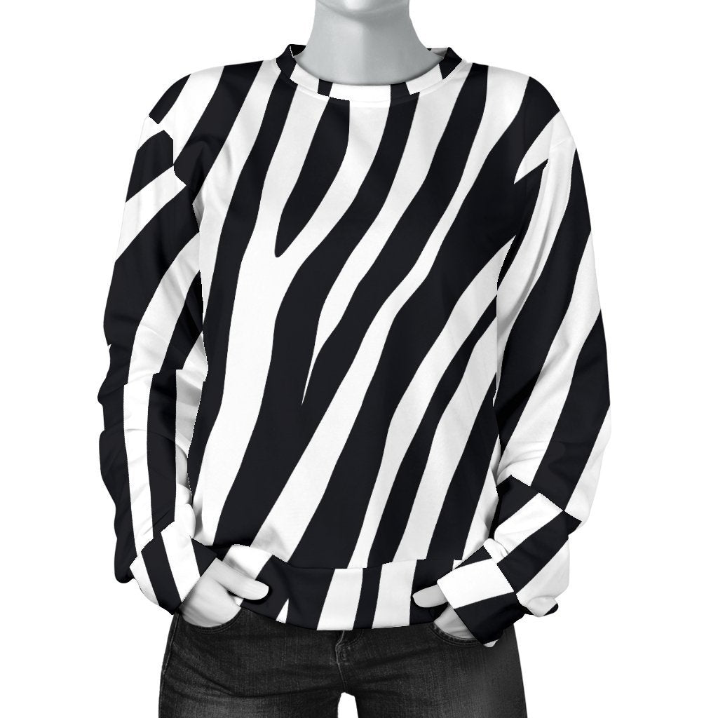 Black White Zebra Pattern Print Women's Crewneck Sweatshirt GearFrost