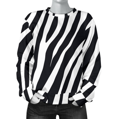 Black White Zebra Pattern Print Women's Crewneck Sweatshirt GearFrost