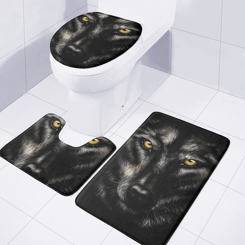 Black Wolf Portrait Print 3 Piece Bath Mat Set