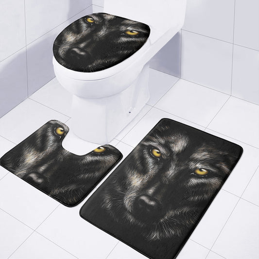 Black Wolf Portrait Print 3 Piece Bath Mat Set