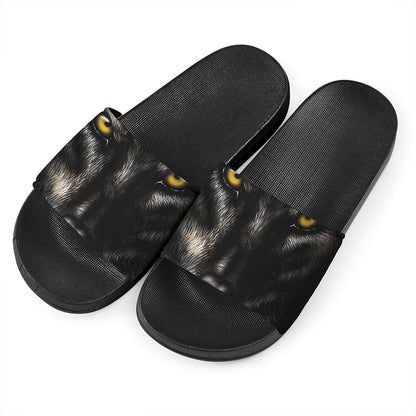 Black Wolf Portrait Print Black Slide Sandals