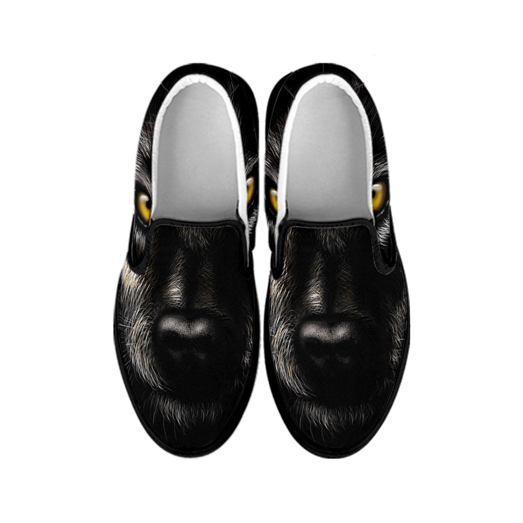 Black Wolf Portrait Print Black Slip On Shoes