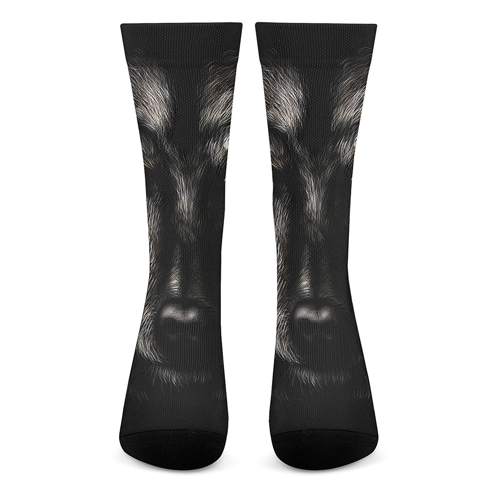 Black Wolf Portrait Print Crew Socks