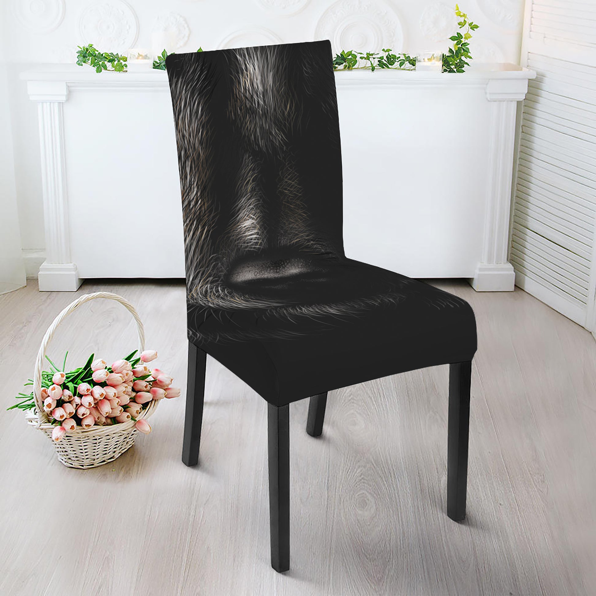 Black Wolf Portrait Print Dining Chair Slipcover