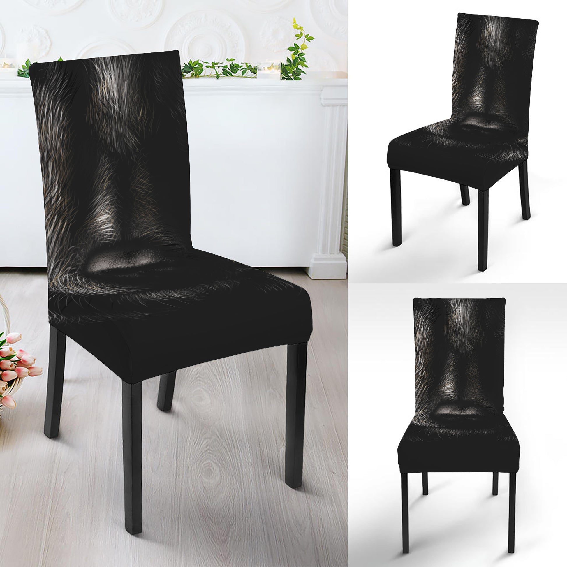 Black Wolf Portrait Print Dining Chair Slipcover