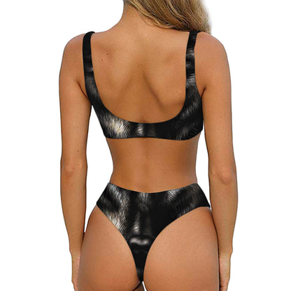 Black Wolf Portrait Print Front Bow Tie Bikini