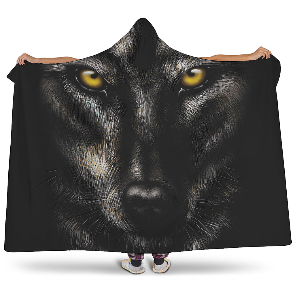 Black Wolf Portrait Print Hooded Blanket