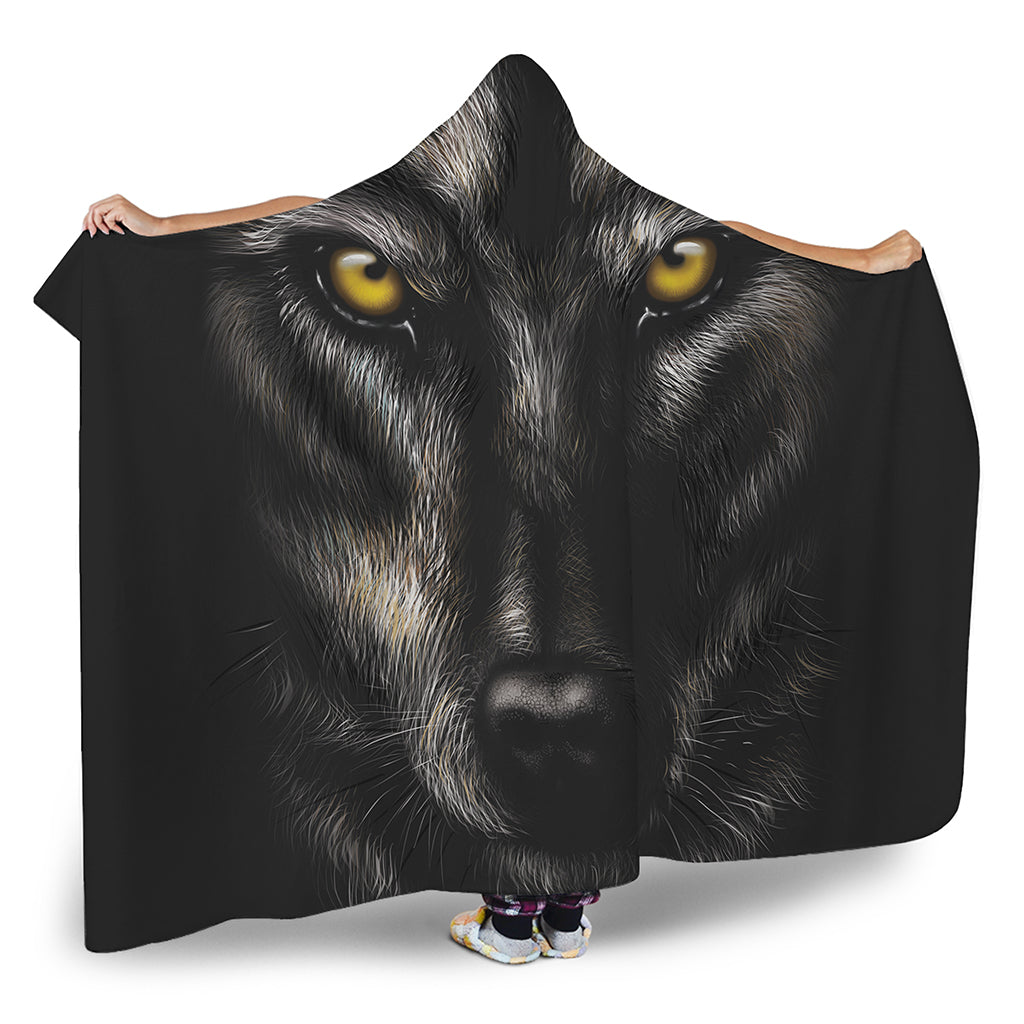 Black Wolf Portrait Print Hooded Blanket