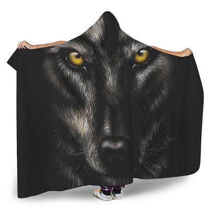 Black Wolf Portrait Print Hooded Blanket