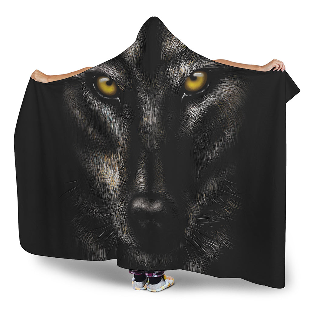 Black Wolf Portrait Print Hooded Blanket