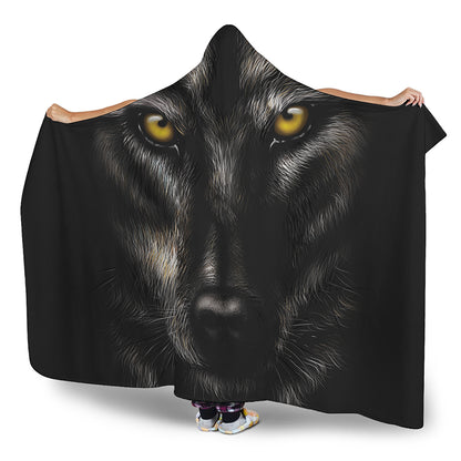 Black Wolf Portrait Print Hooded Blanket