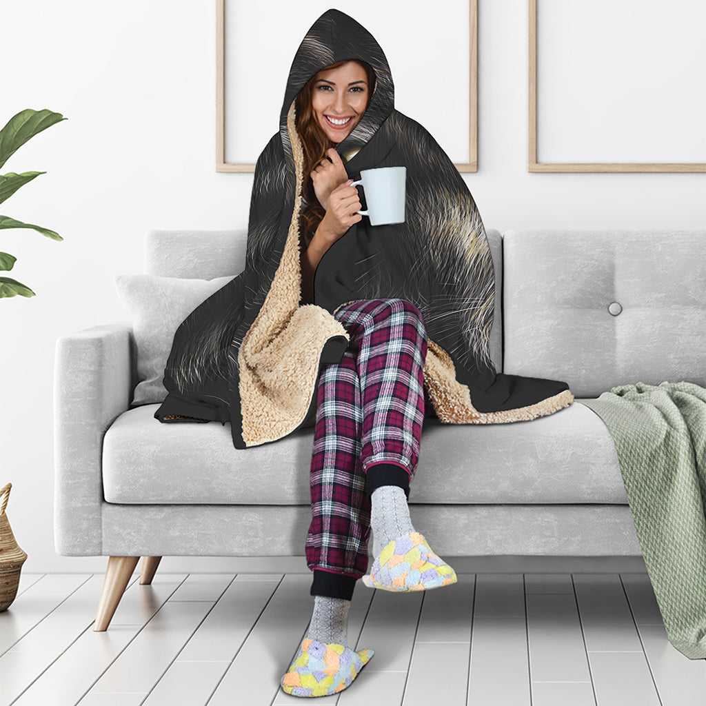 Black Wolf Portrait Print Hooded Blanket