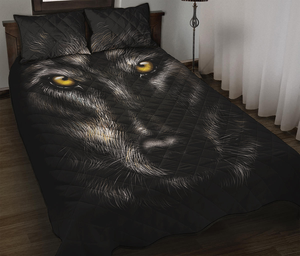 Black Wolf Portrait Print Quilt Bed Set
