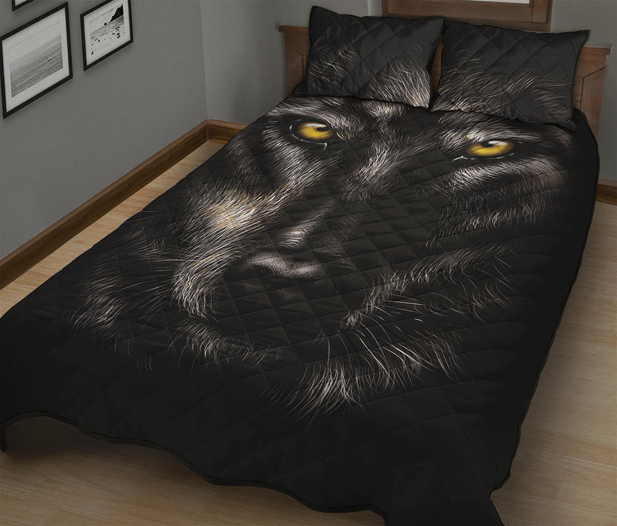 Black Wolf Portrait Print Quilt Bed Set