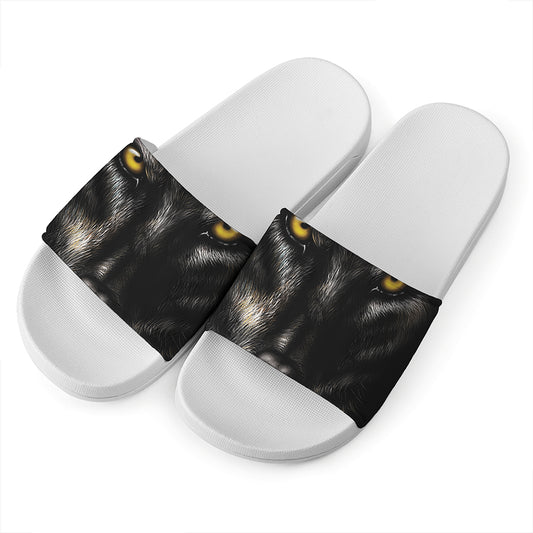 Black Wolf Portrait Print White Slide Sandals