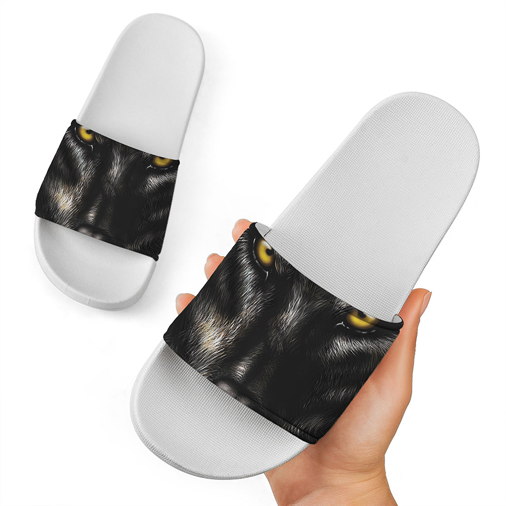 Black Wolf Portrait Print White Slide Sandals
