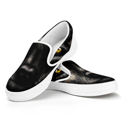 Black Wolf Portrait Print White Slip On Shoes