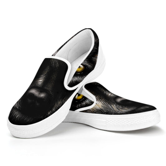 Black Wolf Portrait Print White Slip On Shoes