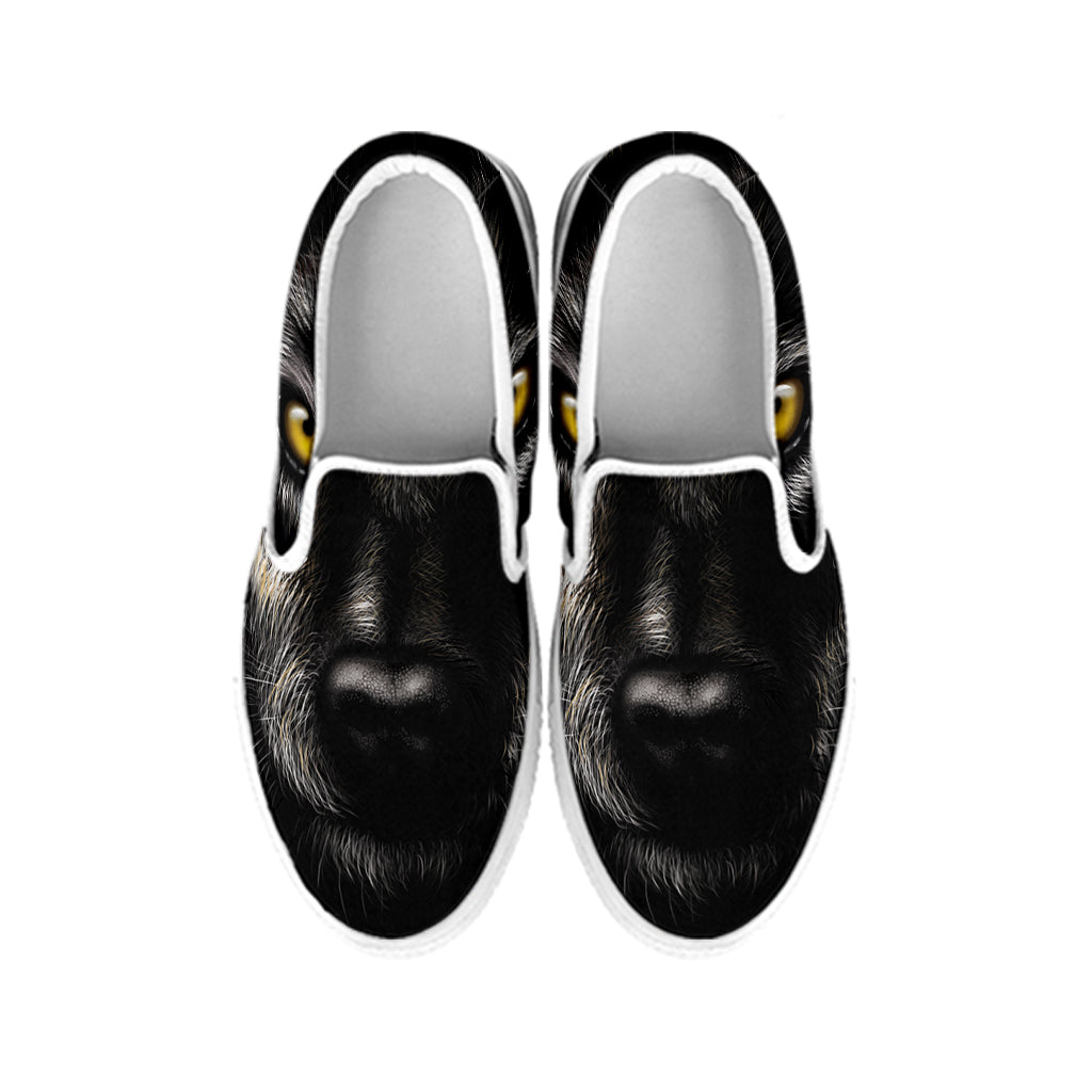 Black Wolf Portrait Print White Slip On Shoes