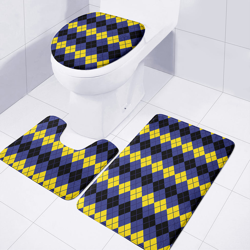 Black Yellow And Blue Argyle Print 3 Piece Bath Mat Set