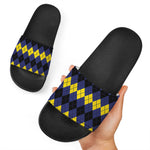 Black Yellow And Blue Argyle Print Black Slide Sandals