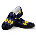 Black Yellow And Blue Argyle Print Black Slip On Sneakers