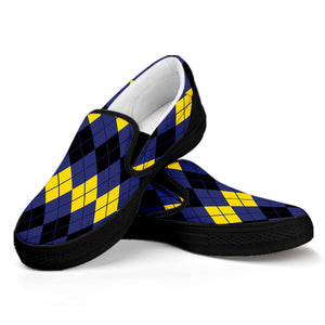 Black Yellow And Blue Argyle Print Black Slip On Shoes