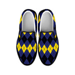 Black Yellow And Blue Argyle Print Black Slip On Shoes