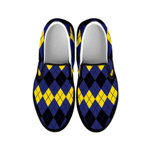 Black Yellow And Blue Argyle Print Black Slip On Shoes