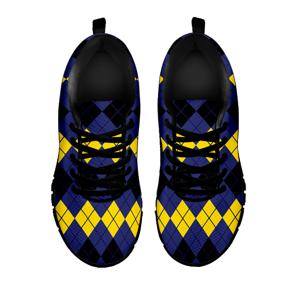 Black Yellow And Blue Argyle Print Black Sneakers
