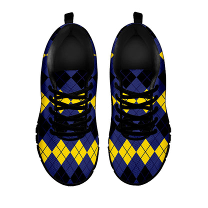 Black Yellow And Blue Argyle Print Black Sneakers