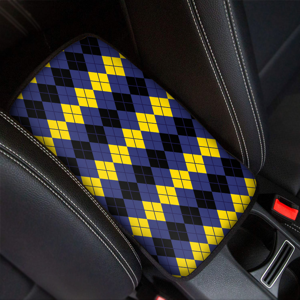 Black Yellow And Blue Argyle Print Car Center Console Cover