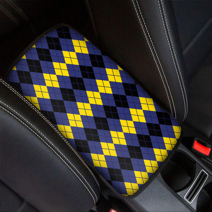 Black Yellow And Blue Argyle Print Car Center Console Cover